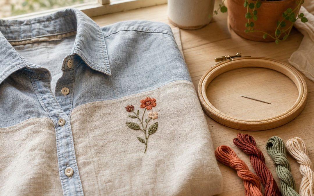 Une chemise en lin avec une petite broderie florale posée à l'endroit d'une ancienne tache